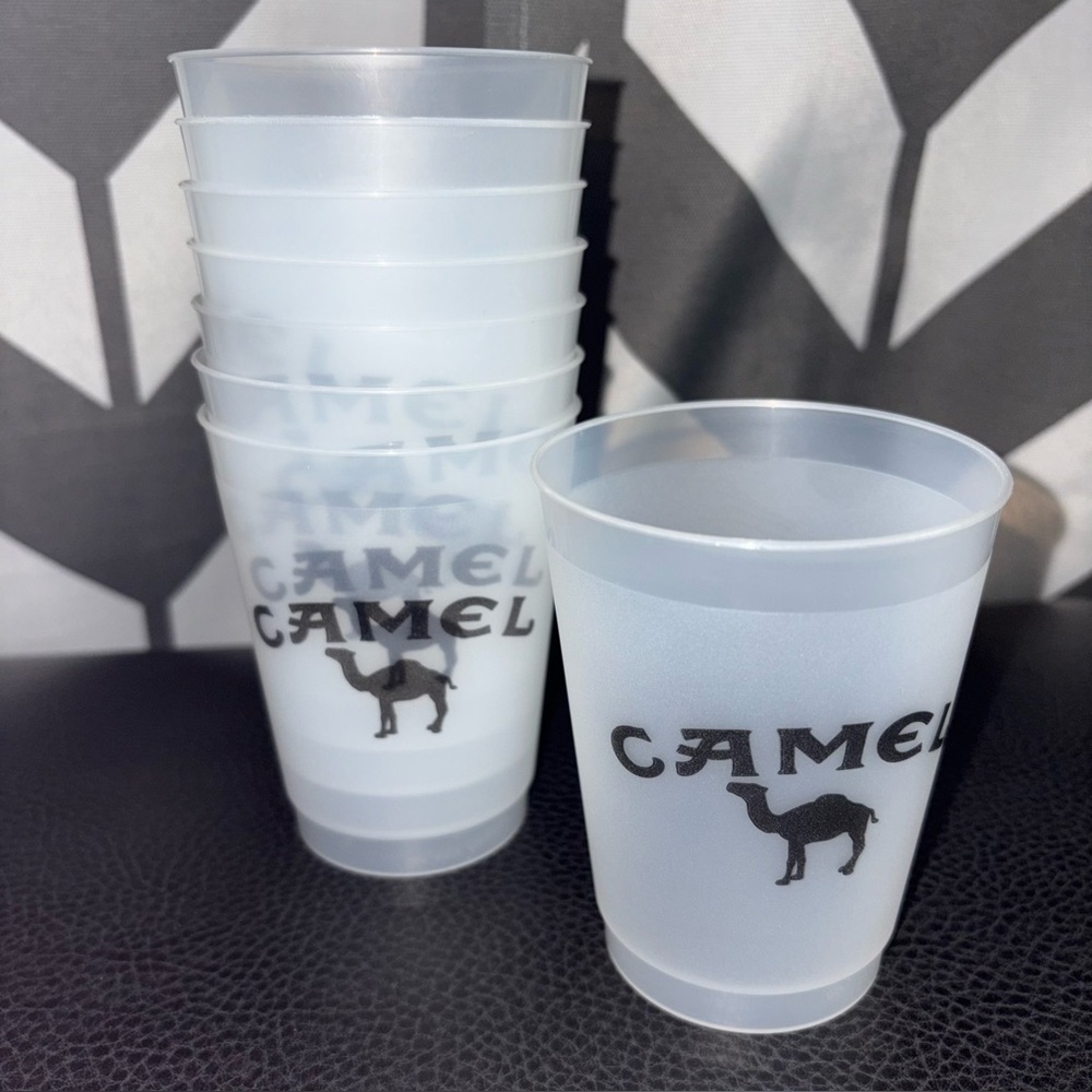 Vintage Camel Set Of 8 Plastic Cups. 6oz Each. Never used